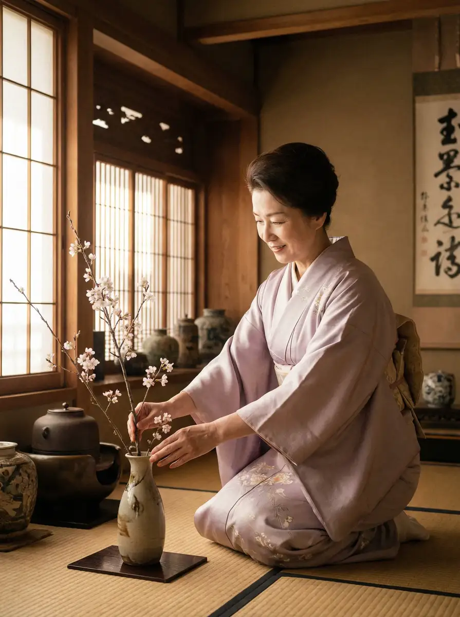 一位优雅的 华体会体育 平台 在和室中插花